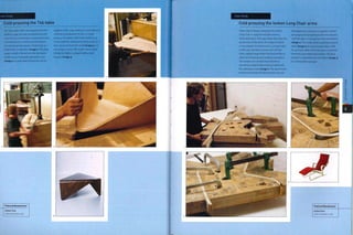 Case Study
The T46 coffee table was designed by Hein
Stolle in 1946, but was not produced until
2001. It has a monocoque construction and
is formed from a continuous lamination.
Cut and prepared veneers of birch ply are
loaded into a cold press (image 1). The plug
(upper mold) is forced into the die (lower
mold) using a manually operated screw
(image 2). A great deal of pressure can be
applied in this way, making it a very efficient
method of production. As this is a cold
process, the table is left in the mold for 24
hours until the adhesive has fully cured. It is
then removed from the mold (image 3), cut
out using a 5-axis CNC router and sanded,
Finally the table is sprayed with a matt
lacquer (image 4).
Cold pressing the T46 table
Featured Manufacturer
Isokon Plus
www.isokonplus.com
Cold pressing the Isokon Long Chair arms
When Marcel Breuer designed the Isokon
Long Chair in 1936, he included various
laminated parts.This case study describes the
production of the arms, the shape of which
is too complex to be formed in a single mold.
In this case the birch veneers are cut into
strips slightly larger than the final profile, to
allow for trimming and sanding operations.
The veneers are sandwiched between 2
aluminium sheets before being loaded into
the cold press mold (image i). The aluminium
sheets ensure that the face veneers are not
damaged when pressure is applied. Clamps
are progressively tightened onto the veneers
until the glue is oozing from the laminations
(image 2). The mold, which comprises several
parts (image 3) for easy disassembly, is left
for 24 hours, after which the part is removed,
trimmed, assembled and sanded. The final
product is upholstered in red fabric (image 4)
on a removable seat pad.
Featured Manufacturer
Isokon Plus
www.lsokonplus.com
 