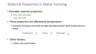 Material Properties in Metal Forming
• Desirable material properties:
• Low yield strength
• High ductility
• These properties are affected by temperature:
• Ductility increases and yield strength decreases when work temperature is
raised
• Other factors:
• Strain rate and friction
 