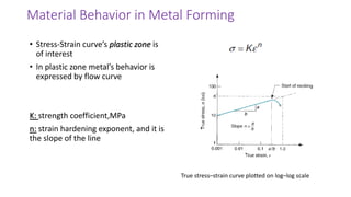 Material Behavior in Metal Forming
• Stress-Strain curve’s plastic zone is
of interest
• In plastic zone metal’s behavior is
expressed by flow curve
K: strength coefficient,MPa
n: strain hardening exponent, and it is
the slope of the line
True stress–strain curve plotted on log–log scale
 