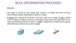 • The ingot is moved to the rolling mill, where it is rolled into one of three
intermediate shapes called blooms, billets, or slabs.
• A bloom has a square cross section 150 mm x 150 mm or larger. A slab is rolled
from an ingot or a bloom and has a rectangular cross section of width 250 mm or
more and thickness 40 mm or more . A billet is rolled from a bloom and is square
with dimensions 40 mm on a side or larger.
BULK DEFORMATION PROCESSES
ROLLING
 