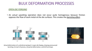 • An actual upsetting operation does not occur quite homogenous because friction
opposes the flow of work metal at the die surfaces. This creates the barreling effect.
BULK DEFORMATION PROCESSES
OPEN-DIE FORGING
Actual deformation of a cylindrical workpart in open-die forging, showing pronounced
barreling: (1) start of process, (2) partial deformation, and (3) final shape.
 