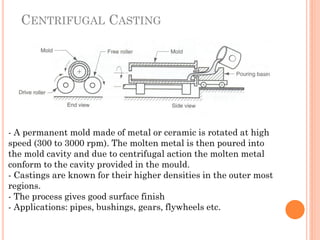 CENTRIFUGAL CASTING
- A permanent mold made of metal or ceramic is rotated at high
speed (300 to 3000 rpm). The molten metal is then poured into
the mold cavity and due to centrifugal action the molten metal
conform to the cavity provided in the mould.
- Castings are known for their higher densities in the outer most
regions.
- The process gives good surface finish
- Applications: pipes, bushings, gears, flywheels etc.
 