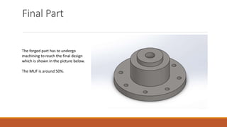 Final Part
The forged part has to undergo
machining to reach the final design
which is shown in the picture below.
The MUF is around 50%.
 