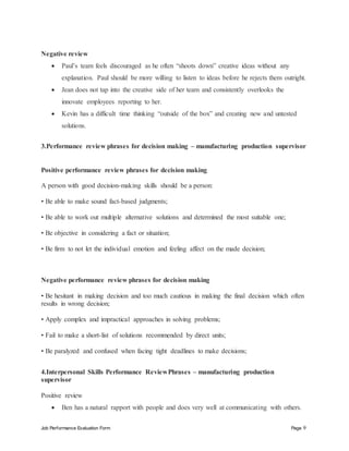 Job Performance Evaluation Form Page 9
Negative review
 Paul’s team feels discouraged as he often “shoots down” creative ideas without any
explanation. Paul should be more willing to listen to ideas before he rejects them outright.
 Jean does not tap into the creative side of her team and consistently overlooks the
innovate employees reporting to her.
 Kevin has a difficult time thinking “outside of the box” and creating new and untested
solutions.
3.Performance review phrases for decision making – manufacturing production supervisor
Positive performance review phrases for decision making
A person with good decision-making skills should be a person:
• Be able to make sound fact-based judgments;
• Be able to work out multiple alternative solutions and determined the most suitable one;
• Be objective in considering a fact or situation;
• Be firm to not let the individual emotion and feeling affect on the made decision;
Negative performance review phrases for decision making
• Be hesitant in making decision and too much cautious in making the final decision which often
results in wrong decision;
• Apply complex and impractical approaches in solving problems;
• Fail to make a short-list of solutions recommended by direct units;
• Be paralyzed and confused when facing tight deadlines to make decisions;
4.Interpersonal Skills Performance ReviewPhrases – manufacturing production
supervisor
Positive review
 Ben has a natural rapport with people and does very well at communicating with others.
 