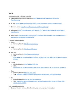 Sources
Secondary Sources & Internet Research
 National Association of Manufacturers: http://www.nam.org/Newsroom/Facts-About-
Manufacturing/
 PE Hub: https://www.pehub.com/2013/03/vcs-arent-buying-into-manufacturing-rebound/
 Software Advice: http://www.softwareadvice.com/manufacturing/
 ThomasNet: http://news.thomasnet.com/IMT/2013/03/14/china-widens-lead-as-worlds-largest-
manufacturer
 TechCrunch: http://techcrunch.com/2014/02/17/siemens-launches-100m-fund-to-back-software-
startups-that-can-disrupt-manufacturing/
Company Websites & 10ks
 Epicor
o Company Website: http://www.epicor.com/
 Infor
o Company Website: http://www.infor.com/
 Net Suite
o Company Website: http://www.netsuite.com/
o 10-K:
http://www.sec.gov/Archives/edgar/data/1117106/000111710615000011/a2014netsuiteform1
0-k.htm
 Oracle
o Company Website: http://www.oracle.com/
o 10-K:
http://www.sec.gov/Archives/edgar/data/1341439/000119312513272832/d531515d10k.htm
 Sage
o Company Website: http://na.sage.com/
o 10-K: http://quicktake.morningstar.com/stocknet/secdocuments.aspx?symbol=sgpyy
 SAP
o Company Website: http://go.sap.com/index.html
o 10-K: http://www.sap.com/bin/sapcom/en_us/downloadasset.2014-04-apr-01-01.sap-2013-
annual-report-pdf.html
Interviews & Collaborators
 Bessemer Venture Partners: Brian Feinstein, Josh Benamram and Kristina Shen
 