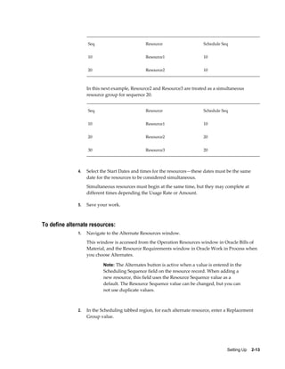 Setting Up    2-13
Seq Resource Schedule Seq
10 Resource1 10
20 Resource2 10
In this next example, Resource2 and Resource3 are treated as a simultaneous
resource group for sequence 20.
Seq Resource Schedule Seq
10 Resource1 10
20 Resource2 20
30 Resource3 20
4. Select the Start Dates and times for the resources—these dates must be the same
date for the resources to be considered simultaneous.
Simultaneous resources must begin at the same time, but they may complete at
different times depending the Usage Rate or Amount.
5. Save your work.
To define alternate resources:
1. Navigate to the Alternate Resources window.
This window is accessed from the Operation Resources window in Oracle Bills of
Material, and the Resource Requirements window in Oracle Work in Process when
you choose Alternates.
Note: The Alternates button is active when a value is entered in the
Scheduling Sequence field on the resource record. When adding a
new resource, this field uses the Resource Sequence value as a
default. The Resource Sequence value can be changed, but you can
not use duplicate values.
2. In the Scheduling tabbed region, for each alternate resource, enter a Replacement
Group value.
 