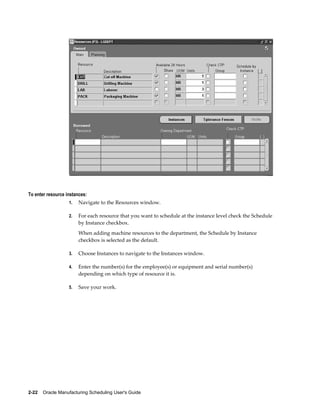 2-22    Oracle Manufacturing Scheduling User's Guide
To enter resource instances:
1. Navigate to the Resources window.
2. For each resource that you want to schedule at the instance level check the Schedule
by Instance checkbox.
When adding machine resources to the department, the Schedule by Instance
checkbox is selected as the default.
3. Choose Instances to navigate to the Instances window.
4. Enter the number(s) for the employee(s) or equipment and serial number(s)
depending on which type of resource it is.
5. Save your work.
 