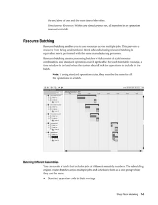 Shop Floor Modeling    7-5
the end time of one and the start time of the other.
Simultaneous Resources: Within any simultaneous set, all transfers in an operation
resource coincide.
Resource Batching
Resource batching enables you to use resources across multiple jobs. This prevents a
resource from being underutilized. Work scheduled using resource batching is
equivalent work performed with the same manufacturing processes.
Resource batching creates processing batches which consist of a job/resource
combination, and standard operation code if applicable. For each batchable resource, a
time window is defined when the system should look for operations to include in the
batch.
Note: If using standard operation codes, they must be the same for all
the operations in a batch.
Batching Different Assemblies
You can create a batch that includes jobs of different assembly numbers. The scheduling
engine creates batches across multiple jobs and schedules them as a one group when
they use the same:
• Standard operation code in their routings
 