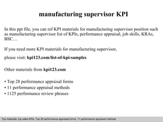 manufacturing supervisor KPI 
In this ppt file, you can ref KPI materials for manufacturing supervisor position such 
as manufacturing supervisor list of KPIs, performance appraisal, job skills, KRAs, 
BSC… 
If you need more KPI materials for manufacturing supervisor, 
please visit: kpi123.com/list-of-kpi-samples 
Other materials from kpi123.com 
• Top 28 performance appraisal forms 
• 11 performance appraisal methods 
• 1125 performance review phrases 
Top materials: top sales KPIs, Top 28 performance appraisal forms, 11 performance appraisal methods 
Interview questions and answers – free download/ pdf and ppt file 
 