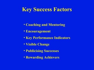 Key Success Factors Coaching and Mentoring Encouragement Key Performance Indicators Visible Change Publicising Successes Rewarding Achievers 