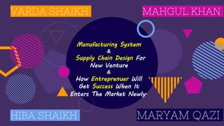 Manufacturing System
&
Supply Chain Design For
New Venture
&
How Entreprenuer Will
Get Success When It
Enters The Market Newly.
VARDA SHAIKH
HIBA SHAIKH
MAHGUL KHAN
MARYAM QAZI
 