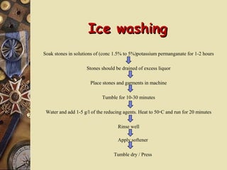 Ice washingIce washing
Soak stones in solutions of (conc 1.5% to 5%)potassium permanganate for 1-2 hours
Stones should be drained of excess liquor
Place stones and garments in machine
Tumble for 10-30 minutes
Water and add 1-5 g/l of the reducing agents. Heat to 50◦C and run for 20 minutes
Rinse well
Apply softener
Tumble dry / Press
 