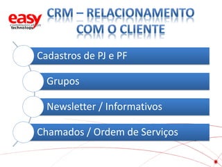Cadastros de PJ e PF

Grupos
Newsletter / Informativos
Chamados / Ordem de Serviços

 