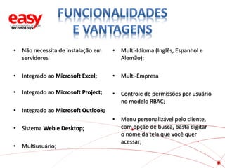 • Não necessita de instalação em
servidores

• Multi-Idioma (Inglês, Espanhol e
Alemão);

• Integrado ao Microsoft Excel;

• Multi-Empresa

• Integrado ao Microsoft Project;

• Controle de permissões por usuário
no modelo RBAC;

• Integrado ao Microsoft Outlook;
• Sistema Web e Desktop;

• Multiusuário;

• Menu personalizável pelo cliente,
com opção de busca, basta digitar
o nome da tela que você quer
acessar;

 