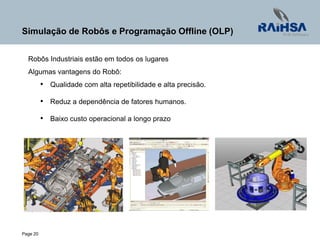 Page 20
Simulação de Robôs e Programação Offline (OLP)
 Robôs Industriais estão em todos os lugares
 Algumas vantagens do Robô:
• Qualidade com alta repetibilidade e alta precisão.
• Reduz a dependência de fatores humanos.
• Baixo custo operacional a longo prazo
 