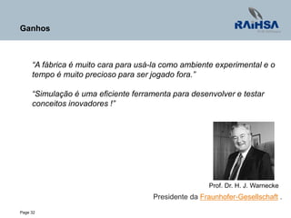Page 32
Ganhos
“A fábrica é muito cara para usá-la como ambiente experimental e o
tempo é muito precioso para ser jogado fora.”
“Simulação é uma eficiente ferramenta para desenvolver e testar
conceitos inovadores !”
Prof. Dr. H. J. Warnecke
Presidente da Fraunhofer-Gesellschaft .
 