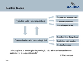Page 6
Produtos cada vez mais globais
Concorrência cada vez mais global
Desafios Globais
“A inovação e a tecnologia da produção são a base do crescimento
sustentável e competitividade.”
CEO Siemens
Comprar em qualquer país
Produtos Substitutos
Pouca Diferenciação
Sem Barreiras Geográficas
Logísticas mais baratas
Custos Parecidos
 