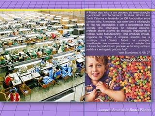 A Marisol deu início a um processo de reestruturação
operacional, com fechamento de duas fábricas em
Santa Catarina e demissão de 800 funcionários entre
junho e julho. A empresa, que sofre com a valorização
do real nas exportações e com a concorrência mais
acirrada dos importados no mercado nacional,
pretende alterar a forma de produção, implantando o
método "Lean Manufacturing", uma produção enxuta,
originária da Toyota. A empresa acredita que a
mudança trará "maior fluidez na produção,
simplificação dos controles internos e redução dos
volumes de produtos em processo e do tempo entre o
pedido e a entrega do produto final".
                           Valor Econômico 20 /08/ 07




          Joaquim Antonio de Souza Ribeiro
 