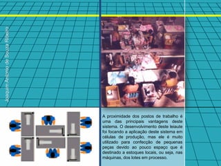 Joaquim Antonio de Souza Ribeiro




                                   A proximidade dos postos de trabalho é
                                   uma das principais vantagens deste
                                   sistema. O desenvolvimento deste leiaute
                                   foi focando a aplicação deste sistema em
                                   células de produção, mas ele é muito
                                   utilizado para confecção de pequenas
                                   peças devido ao pouco espaço que é
                                   destinado a estoques locais, ou seja, nas
                                   máquinas, dos lotes em processo.
 