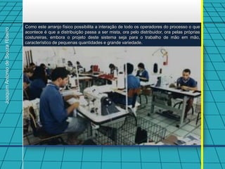 Como este arranjo físico possibilita a interação de todo os operadores do processo o que
Joaquim Antonio de Souza Ribeiro



                                   acontece é que a distribuição passa a ser mista, ora pelo distribuidor, ora pelas próprias
                                   costureiras, embora o projeto deste sistema seja para o trabalho de mão em mão,
                                   característico de pequenas quantidades e grande variedade.
 