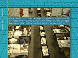 Joaquim Antonio de Souza Ribeiro




                                   Neste sistema, as operadoras pegam as partes dos lotes a serem
                                   produzidos em um pulmão ou estoque intermediário entre as etapas
                                   do processo e levam até seu posto de trabalho para processá-lo.
 