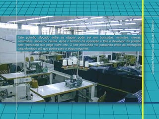 Joaquim Antonio de Souza Ribeiro
Este pulmão alocado entre as etapas pode ser em bancadas, estantes, mesas,
amarrados, sacos ou caixas. Após o termino da operação o lote é devolvido ao pulmão
pela operadora que pega outro lote. O lote produzido vai passando entre as operações
daquela etapa até que passe para a etapa seguinte.
 