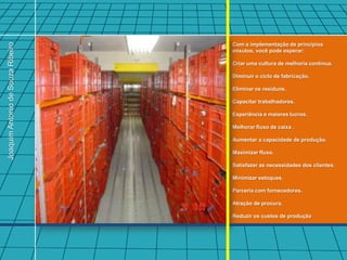 Joaquim Antonio de Souza Ribeiro



                                   Com a implementação de princípios
                                   enxutos, você pode esperar:

                                   Criar uma cultura de melhoria contínua.

                                   Diminuir o ciclo de fabricação.

                                   Eliminar os resíduos.

                                   Capacitar trabalhadores.

                                   Experiência e maiores lucros.

                                   Melhorar fluxo de caixa .

                                   Aumentar a capacidade de produção.

                                   Maximizar fluxo.

                                   Satisfazer as necessidades dos clientes.

                                   Minimizar estoques.

                                   Parceria com fornecedores.

                                   Atração de procura.

                                   Reduzir os custos de produção
 