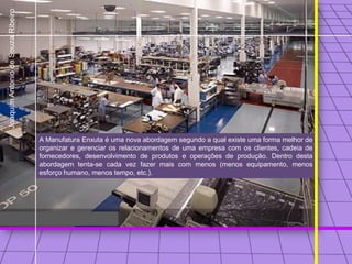 Joaquim Antonio de Souza Ribeiro




                                   A Manufatura Enxuta é uma nova abordagem segundo a qual existe uma forma melhor de
                                   organizar e gerenciar os relacionamentos de uma empresa com os clientes, cadeia de
                                   fornecedores, desenvolvimento de produtos e operações de produção. Dentro desta
                                   abordagem tenta-se cada vez fazer mais com menos (menos equipamento, menos
                                   esforço humano, menos tempo, etc.).
 