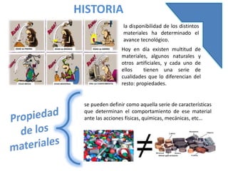 HISTORIA
la disponibilidad de los distintos
materiales ha determinado el
avance tecnológico.
Hoy en día existen multitud de
materiales, algunos naturales y
otros artificiales, y cada uno de
ellos tienen una serie de
cualidades que lo diferencian del
resto: propiedades.
se pueden definir como aquella serie de características
que determinan el comportamiento de ese material
ante las acciones físicas, químicas, mecánicas, etc…
 