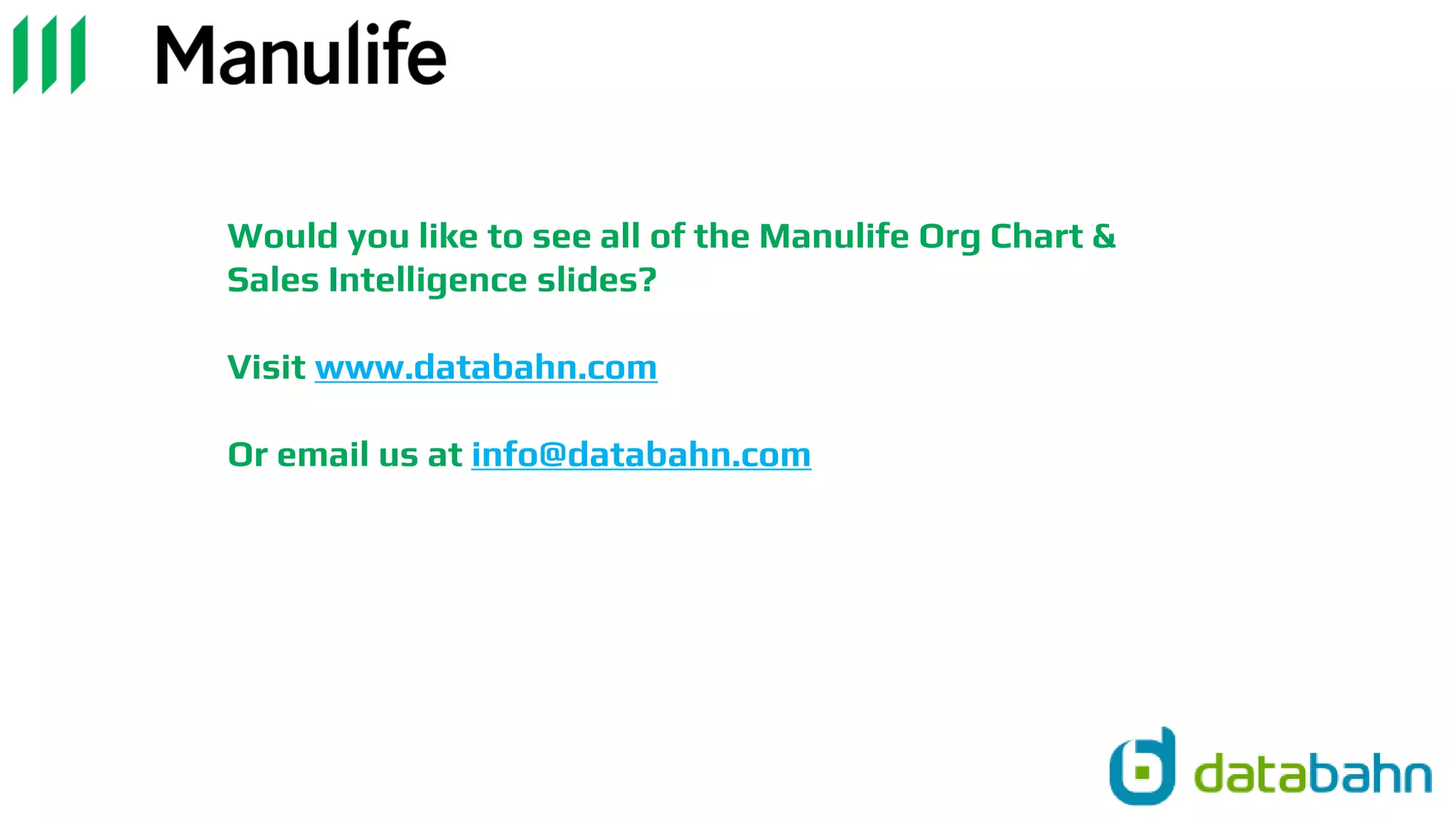 Would you like to see all of the Manulife Org Chart &
Sales Intelligence slides?
Visit www.databahn.com
Or email us at info@databahn.com
 