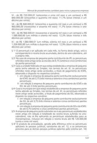 Manual de procedimentos contábeis para micro e pequenas empresas

VI - de R$ 720.000,01 (setecentos e vinte mil reais e um centavo) a R$
840.000,00 (oitocentos e quarenta mil reais): 11,1% (onze inteiros e um
décimo por cento);
VII - de R$ 840.000,01 (oitocentos e quarenta mil reais e um centavo) a R$
960.000,00 (novecentos e sessenta mil reais): 11,7% (onze inteiros e sete
décimos por cento);
VIII - de R$ 960.000,01 (novecentos e sessenta mil reais e um centavo) a R$
1.080.000,00 (um milhão e oitenta mil reais): 12,3% (doze inteiros e três
décimos por cento);
IX - de R$ 1.080.000,01 (um milhão, oitenta mil reais e um centavo) a R$
1.200.000,00 (um milhão e duzentos mil reais): 12,9% (doze inteiros e nove
décimos por cento).
§ 1o O percentual a ser aplicado em cada mês, na forma deste artigo, será o
     correspondente à receita bruta acumulada, dentro do ano-calendário, até
     o próprio mês.
§ 2o No caso de empresa de pequeno porte contribuinte do IPI, os percentuais
     referidos neste artigo serão acrescidos de 0,75 (setenta e cinco centésimos)
     de ponto percentual.
§ 3o Caso a unidade federada em que esteja estabelecida a empresa de pequeno
     porte tenha aderido ao Simples, nos termos do art. 6o, os percentuais
     referidos neste artigo serão acrescidos, a título de pagamento do ICMS,
     observado o disposto no respectivo convênio:
       I - em relação à empresa de pequeno porte contribuinte exclusivamente
           do ICMS: de até 3,75 (três inteiros e setenta e cinco centésimos) pontos
           percentuais;
       II - em relação à empresa de pequeno porte contribuinte do ICMS e do
           ISS: de até 3 (três) pontos percentuais.
§ 4o Caso o município em que esteja estabelecida a empresa de pequeno porte
     tenha aderido ao Simples, nos termos do art. 6o, os percentuais referidos
     neste artigo serão acrescidos, a título de pagamento do ISS, observado o
     disposto no respectivo convênio:
       I - em relação à empresa de pequeno porte contribuinte exclusivamente
           do ISS: de até 3,75 (três inteiros e setenta e cinco centésimos) pontos
           percentuais;
       II - em relação à empresa de pequeno porte contribuinte do ISS e do ICMS:
           de até 0,75 (setenta e cinco centésimos) pontos percentuais.
§ 5o A empresa de pequeno porte submeter-se-á aos percentuais estabelecidos
     neste artigo em relação à totalidade da receita bruta auferida no ano-
     calendário, não se lhe aplicando os percentuais estabelecidos para as
     microempresas, inclusive em relação à receita bruta até R$ 120.000,00
     (cento e vinte mil reais).
§ 6o O produto da arrecadação, gerado pela diferença entre os percentuais
     aplicáveis às pessoas jurídicas, constantes do art. 12, e os percentuais
     previstos para as demais pessoas jurídicas optantes pelo sistema (art. 10)


                                                                                 123
 