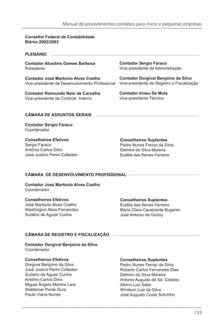 Manual de procedimentos contábeis para micro e pequenas empresas

Conselho Federal de Contabilidade
Biênio 2002/2003

PLENÁRIO

Contador Alcedino Gomes Barbosa                  Contador Sergio Faraco
Presidente                                       Vice-presidente de Administração

Contador José Martonio Alves Coelho             Contador Dorgival Benjoino da Silva
Vice-presidente de Desenvolvimento Profissional Vice-presidente de Registro e Fiscalização

Contador Raimundo Neto de Carvalho               Contador Irineu De Mula
Vice-presidente de Controle Interno              Vice-presidente Técnico


CÂMARA DE ASSUNTOS GERAIS

Contador Sergio Faraco
Coordenador

Conselheiros Efetivos                            Conselheiros Suplentes
Sergio Faraco                                    Pedro Nunes Ferraz da Silva
Antônio Carlos Dóro                              Delmiro da Silva Moreira
José Justino Perini Colledan                     Eulália das Neves Ferreira



CÂMARA DE DESENVOLVIMENTO PROFISSIONAL

Contador José Martonio Alves Coelho
Coordenador

Conselheiros Efetivos                            Conselheiros Suplentes
José Martonio Alves Coelho                       Eulália das Neves Ferreira
Washington Maia Fernandes                        Maria Clara Cavalcante Bugarim
Sudário de Aguiar Cunha                          José Antonio de Godoy



CÂMARA DE REGISTRO E FISCALIZAÇÃO

Contador Dorgival Benjoino da Silva
Coordenador

Conselheiros Efetivos                            Conselheiros Suplentes
Dorgival Benjoino da Silva                       Pedro Nunes Ferraz da Silva
José Justino Perini Colledan                     Roberto Carlos Fernandes Dias
Sudário de Aguiar Cunha                          Delmiro da Silva Moreira
Antônio Carlos Dóro                              Antonio Augusto de Sá Colares
Miguel Ângelo Martins Lara                       Albino Luiz Sella
Waldemar Ponte Dura                              Windson Luiz da Silva
Paulo Viana Nunes                                José Augusto Costa Sobrinho



                                                                                       133
 