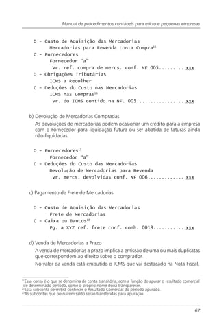 Manual de procedimentos contábeis para micro e pequenas empresas


      D - Custo de Aquisição das Mercadorias
            Mercadorias para Revenda conta Compra15
      C - Fornecedores
            Fornecedor “a”
             Vr. ref. compra de mercs. conf. NF 005......... xxx
      D - Obrigações Tributárias
            ICMS a Recolher
      C - Deduções do Custo nas Mercadorias
            ICMS nas Compras16
             Vr. do ICMS contido na NF. 005................. xxx


     b) Devolução de Mercadorias Compradas
        As devoluções de mercadorias podem ocasionar um crédito para a empresa
        com o Fornecedor para liquidação futura ou ser abatida de faturas ainda
        não-liquidadas.

      D - Fornecedores17
            Fornecedor “a”
      C - Deduções do Custo das Mercadorias
            Devolução de Mercadorias para Revenda
             Vr. mercs. devolvidas conf. NF 006............. xxx


     c) Pagamento de Frete de Mercadorias

      D - Custo de Aquisição das Mercadorias
            Frete de Mercadorias
      C - Caixa ou Bancos18
            Pg. a XYZ ref. frete conf. conh. 0018........... xxx


     d) Venda de Mercadorias a Prazo
        A venda de mercadorias a prazo implica a emissão de uma ou mais duplicatas
        que correspondem ao direito sobre o comprador.
        No valor da venda está embutido o ICMS que vai destacado na Nota Fiscal.


21
   Essa conta é o que se denomina de conta transitória, com a função de apurar o resultado comercial
 de determinado período, como o próprio nome deixa transparecer.
22
   Essa subconta permitirá conhecer o Resultado Comercial do período apurado.
23
   As subcontas que possuírem saldo serão transferidas para apuração.



                                                                                                 67
 
