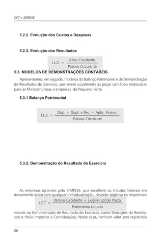 CFC e SEBRAE




     5.2.2. Evolução dos Custos e Despesas



     5.2.3. Evolução dos Resultados

                                  Ativo Circulante
                       I.L.C. =
                       Passivo Circulante
5.3. MODELOS DE DEMONSTRAÇÕES CONTÁBEIS
   Apresentamos, em seguida, modelos do Balanço Patrimonial e da Demonstração
de Resultados do Exercício, por serem usualmente as peças contábeis elaboradas
para as Microempresas e Empresas de Pequeno Porte.

     5.3.1 Balanço Patrimonial


                           Disp. + Dupl. a Rec. + Aplic. Financ.
                I.L.S. =
                                    Passivo Circulante




     5.3.2. Demonstração do Resultado do Exercício




   As empresas optantes pelo SIMPLES, que recolhem os tributos federais em
documento único sem qualquer individualização, deverão registrar os respectivos
                      Passivo Circulante + Exigível Longo Prazo
             I.C.T. =
                                  Patrimônio Líquido
valores na Demonstração de Resultado do Exercício, como Deduções da Receita,
sob o título Impostos e Contribuições. Neste caso, nenhum valor será registrado


86
 