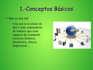 1.-Conceptos Básicos1.-Conceptos Básicos
➔ Que es una red
▸ Una red es la unión de
dos o más ordenadores
de manera que sean
capaces de compartir
recursos,ficheros,
directorios, discos,
impresoras ...
 