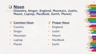  Noun
(Country, Singer, England, Mountain, Justin,
Mount, Laptop, MacBook, Earth, Planet)
✘ Common Noun
• Country
• Singer
• Mountain
• Laptop
• Planet
✘ Proper Noun
• England
• Justin
• Mount
• MacBook
• Earth
5
 