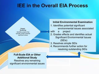 IEE in the Overall EIA Process
Project
Screening
Identifies projects that
typically contain potential
significant issues
Initial Environmental Examination
1. Identifies potential significant
environmental issues associated
with a project
2. Grades effects and identifies actual
Significant Environmental Issues
(SEIs)
3. Resolves simple SEIs
4. Recommends further action for
resolving outstanding SEIs
Full-Scale EIA or Other
Additional Study
Resolves any remaining
significant environmental issues
 