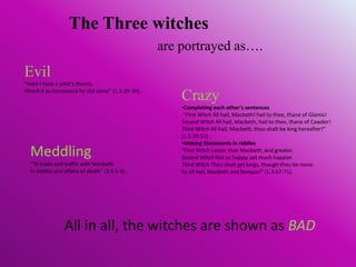 The Three witches
                                                are portrayed as….
Evil
“Here I have a pilot's thumb,
Wreck'd as homeward he did come” (1.3.29-30).
                                                    Crazy
                                                    •Completing each other's sentences
                                                     “First Witch All hail, Macbeth! hail to thee, thane of Glamis!
                                                    Second Witch All hail, Macbeth, hail to thee, thane of Cawdor!
                                                    Third Witch All hail, Macbeth, thou shalt be king hereafter!”
                                                    (1.3.50-52) .
                                                    •Making Statements in riddles
  Meddling                                          “First Witch Lesser than Macbeth, and greater.
                                                    Second Witch Not so happy, yet much happier.
  “To trade and traffic with Macbeth                Third Witch Thou shalt get kings, though thou be none:
  In riddles and affairs of death” (3.5.5-6).       So all hail, Macbeth and Banquo!” (1.3.67-71).




                 All in all, the witches are shown as BAD
 