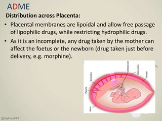 ADME
Distribution across Placenta:
• Placental membranes are lipoidal and allow free passage
of lipophilic drugs, while restricting hydrophilic drugs.
• As it is an incomplete, any drug taken by the mother can
affect the foetus or the newborn (drug taken just before
delivery, e.g. morphine).
 