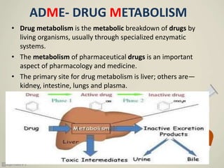 ADME- DRUG METABOLISM
• Drug metabolism is the metabolic breakdown of drugs by
living organisms, usually through specialized enzymatic
systems.
• The metabolism of pharmaceutical drugs is an important
aspect of pharmacology and medicine.
• The primary site for drug metabolism is liver; others are—
kidney, intestine, lungs and plasma.
 