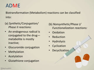 ADME
Biotransformation (Metabolism) reactions can be classified
into:
(b) Nonsynthetic/Phase I/
Functionalization reactions:
• Oxidation
• Reduction
• Hydrolysis
• Cyclization
• Decyclization
(a) Synthetic/Conjugation/
Phase II reactions:
• An endogenous radical is
conjugated to the drug—
metabolite is mostly
inactive;
• Glucuronide conjugation
• Methylation
• Acetylation
• Glutathione conjugation
 
