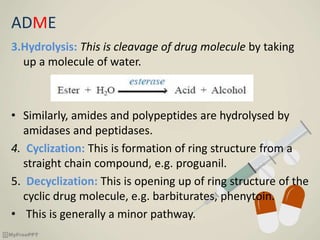 ADME
3.Hydrolysis: This is cleavage of drug molecule by taking
up a molecule of water.
• Similarly, amides and polypeptides are hydrolysed by
amidases and peptidases.
4. Cyclization: This is formation of ring structure from a
straight chain compound, e.g. proguanil.
5. Decyclization: This is opening up of ring structure of the
cyclic drug molecule, e.g. barbiturates, phenytoin.
• This is generally a minor pathway.
 