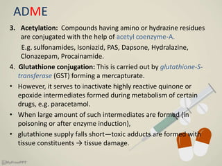 ADME
3. Acetylation: Compounds having amino or hydrazine residues
are conjugated with the help of acetyl coenzyme-A.
E.g. sulfonamides, Isoniazid, PAS, Dapsone, Hydralazine,
Clonazepam, Procainamide.
4. Glutathione conjugation: This is carried out by glutathione-S-
transferase (GST) forming a mercapturate.
• However, it serves to inactivate highly reactive quinone or
epoxide intermediates formed during metabolism of certain
drugs, e.g. paracetamol.
• When large amount of such intermediates are formed (in
poisoning or after enzyme induction),
• glutathione supply falls short—toxic adducts are formed with
tissue constituents → tissue damage.
 