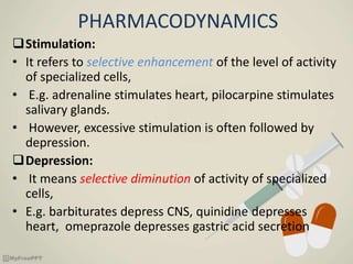 PHARMACODYNAMICS
Stimulation:
• It refers to selective enhancement of the level of activity
of specialized cells,
• E.g. adrenaline stimulates heart, pilocarpine stimulates
salivary glands.
• However, excessive stimulation is often followed by
depression.
Depression:
• It means selective diminution of activity of specialized
cells,
• E.g. barbiturates depress CNS, quinidine depresses
heart, omeprazole depresses gastric acid secretion
 