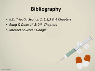 Bibliography
• K.D. Tripati ; Section 1, 1,2,3 & 4 Chapters
• Rang & Dale; 1st & 2nd Chapters
• Internet sources : Google
 