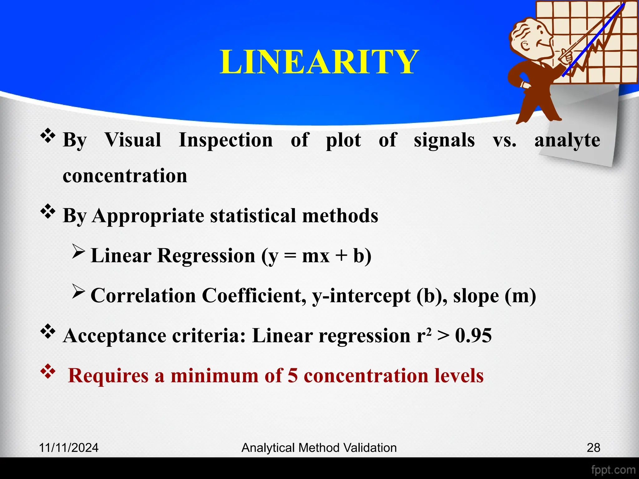 LINEARITY
 By Visual Inspection of plot of signals vs. analyte
concentration
 By Appropriate statistical methods
Linear Regression (y = mx + b)
Correlation Coefficient, y-intercept (b), slope (m)
 Acceptance criteria: Linear regression r2
> 0.95
 Requires a minimum of 5 concentration levels
11/11/2024 Analytical Method Validation 28
 