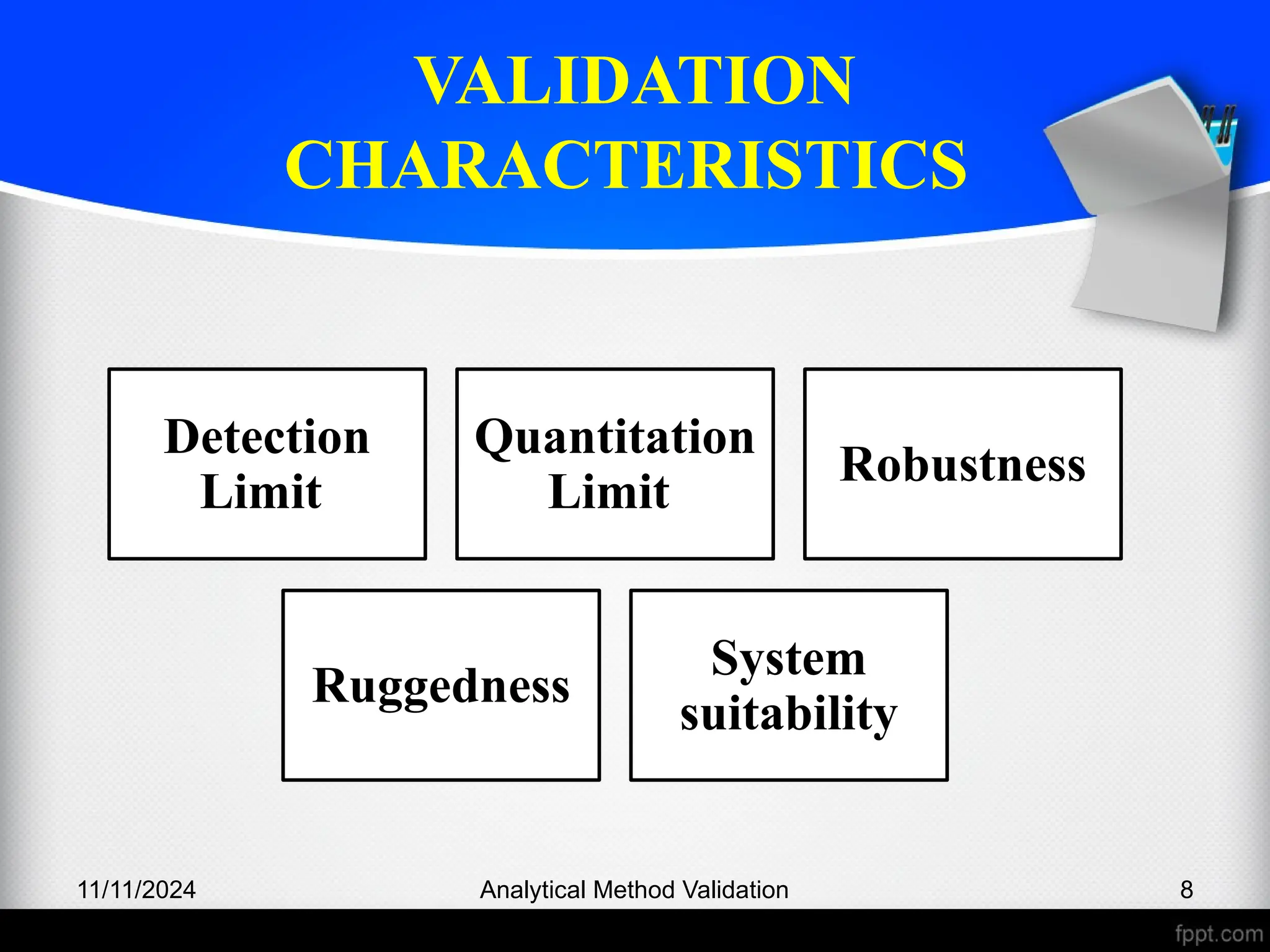 VALIDATION
CHARACTERISTICS
11/11/2024 Analytical Method Validation 8
Detection
Limit
Quantitation
Limit
Robustness
Ruggedness
System
suitability
 
