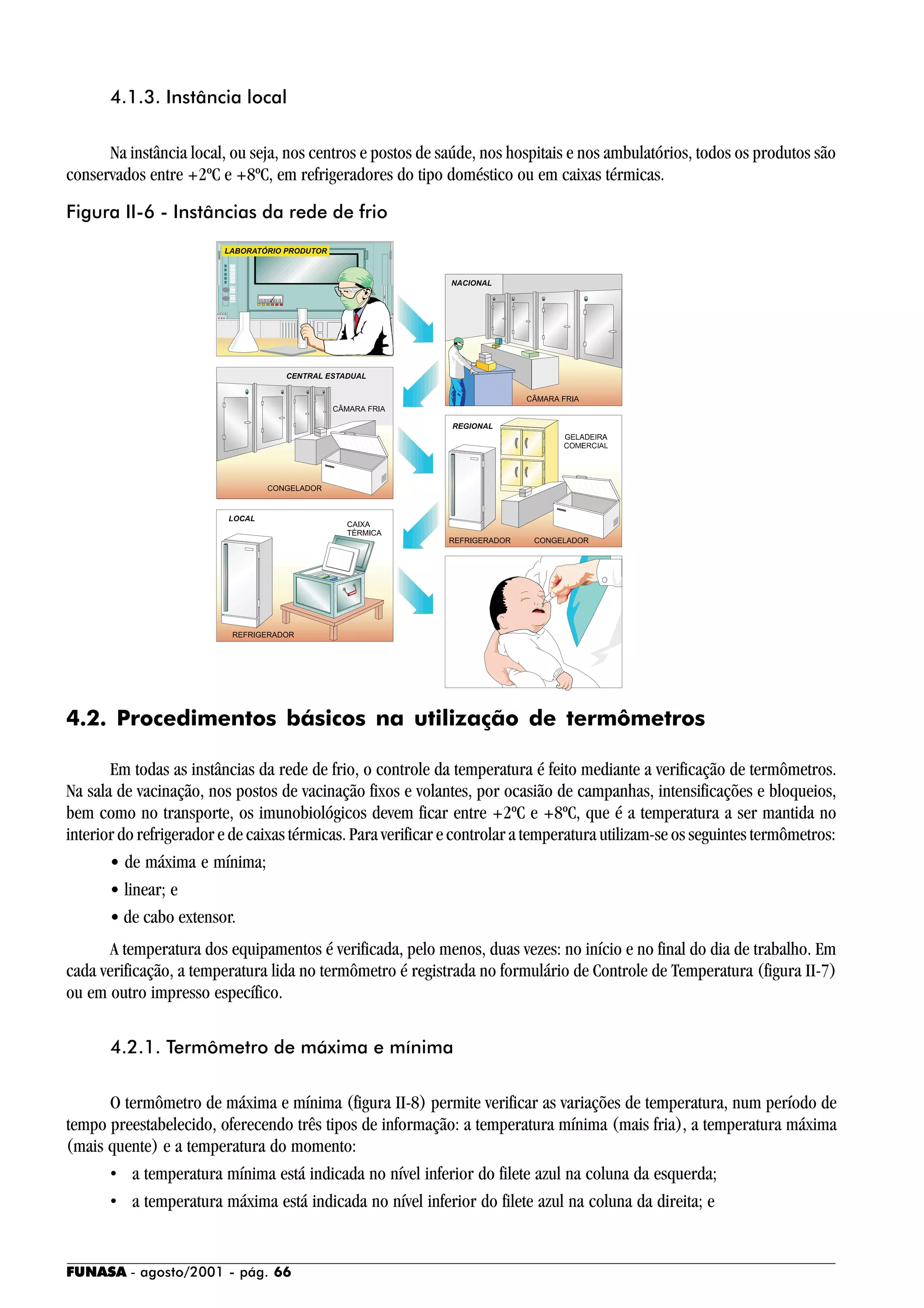 FUNASA - agosto/2001 - pág. 66
4.1.3. Instância local
Na instância local, ou seja, nos centros e postos de saúde, nos hospitais e nos ambulatórios, todos os produtos são
conservados entre +2ºC e +8ºC, em refrigeradores do tipo doméstico ou em caixas térmicas.
4.2. Procedimentos básicos na utilização de termômetros
Em todas as instâncias da rede de frio, o controle da temperatura é feito mediante a verificação de termômetros.
Na sala de vacinação, nos postos de vacinação fixos e volantes, por ocasião de campanhas, intensificações e bloqueios,
bem como no transporte, os imunobiológicos devem ficar entre +2ºC e +8ºC, que é a temperatura a ser mantida no
interior do refrigerador e de caixas térmicas. Para verificar e controlar a temperatura utilizam-se os seguintes termômetros:
• de máxima e mínima;
• linear; e
• de cabo extensor.
A temperatura dos equipamentos é verificada, pelo menos, duas vezes: no início e no final do dia de trabalho. Em
cada verificação, a temperatura lida no termômetro é registrada no formulário de Controle de Temperatura (figura II-7)
ou em outro impresso específico.
4.2.1. Termômetro de máxima e mínima
O termômetro de máxima e mínima (figura II-8) permite verificar as variações de temperatura, num período de
tempo preestabelecido, oferecendo três tipos de informação: a temperatura mínima (mais fria), a temperatura máxima
(mais quente) e a temperatura do momento:
• a temperatura mínima está indicada no nível inferior do filete azul na coluna da esquerda;
• a temperatura máxima está indicada no nível inferior do filete azul na coluna da direita; e
Figura II-6 - Instâncias da rede de frio
 
