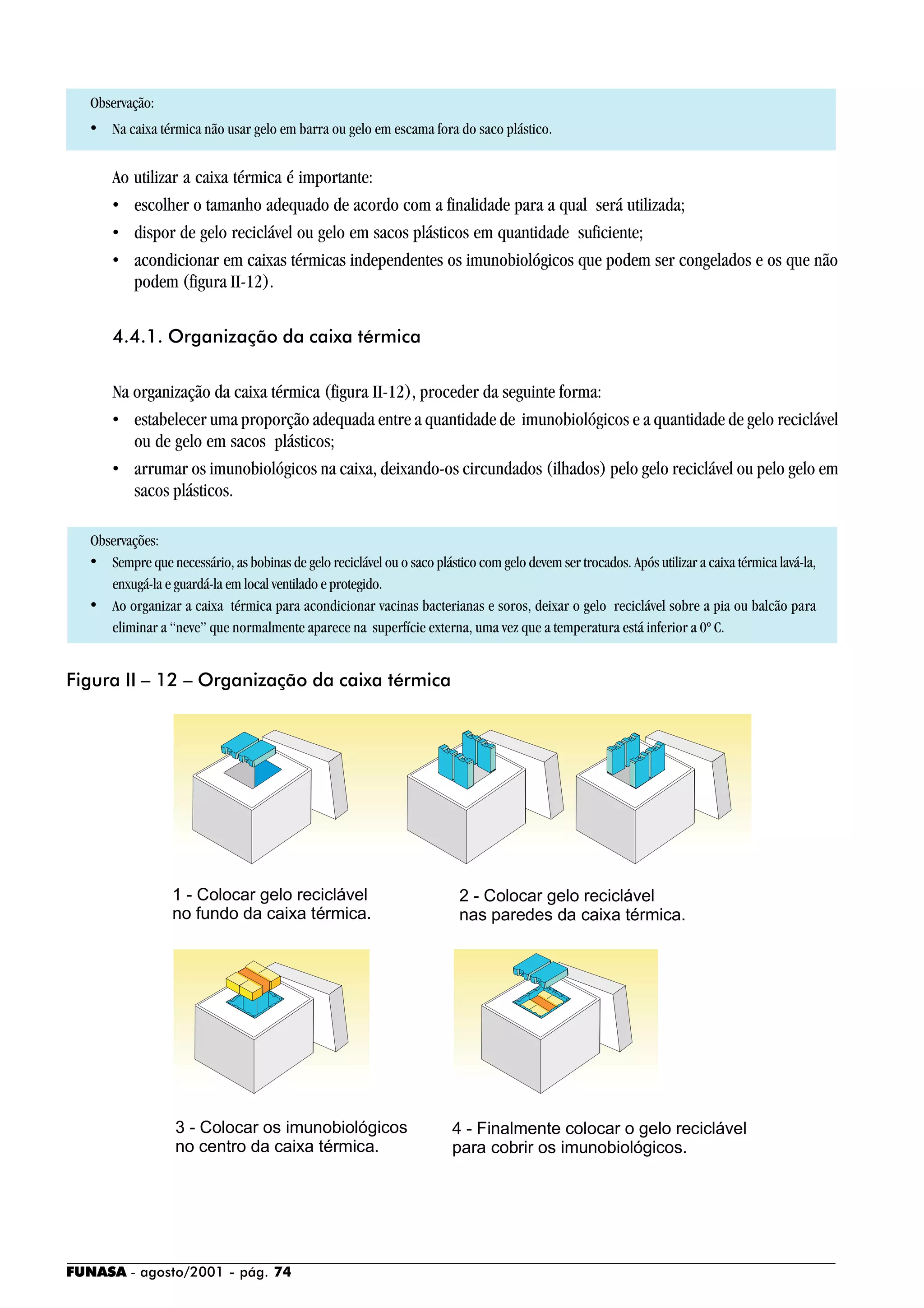 FUNASA - agosto/2001 - pág. 74
Observação:
• Na caixa térmica não usar gelo em barra ou gelo em escama fora do saco plástico.
Ao utilizar a caixa térmica é importante:
• escolher o tamanho adequado de acordo com a finalidade para a qual será utilizada;
• dispor de gelo reciclável ou gelo em sacos plásticos em quantidade suficiente;
• acondicionar em caixas térmicas independentes os imunobiológicos que podem ser congelados e os que não
podem (figura II-12).
4.4.1. Organização da caixa térmica
Na organização da caixa térmica (figura II-12), proceder da seguinte forma:
• estabelecer uma proporção adequada entre a quantidade de imunobiológicos e a quantidade de gelo reciclável
ou de gelo em sacos plásticos;
• arrumar os imunobiológicos na caixa, deixando-os circundados (ilhados) pelo gelo reciclável ou pelo gelo em
sacos plásticos.
Observações:
• Sempre que necessário, as bobinas de gelo reciclável ou o saco plástico com gelo devem ser trocados. Após utilizar a caixa térmica lavá-la,
enxugá-la e guardá-la em local ventilado e protegido.
• Ao organizar a caixa térmica para acondicionar vacinas bacterianas e soros, deixar o gelo reciclável sobre a pia ou balcão para
eliminar a “neve” que normalmente aparece na superfície externa, uma vez que a temperatura está inferior a 0º C.
Figura II – 12 – Organização da caixa térmica
 