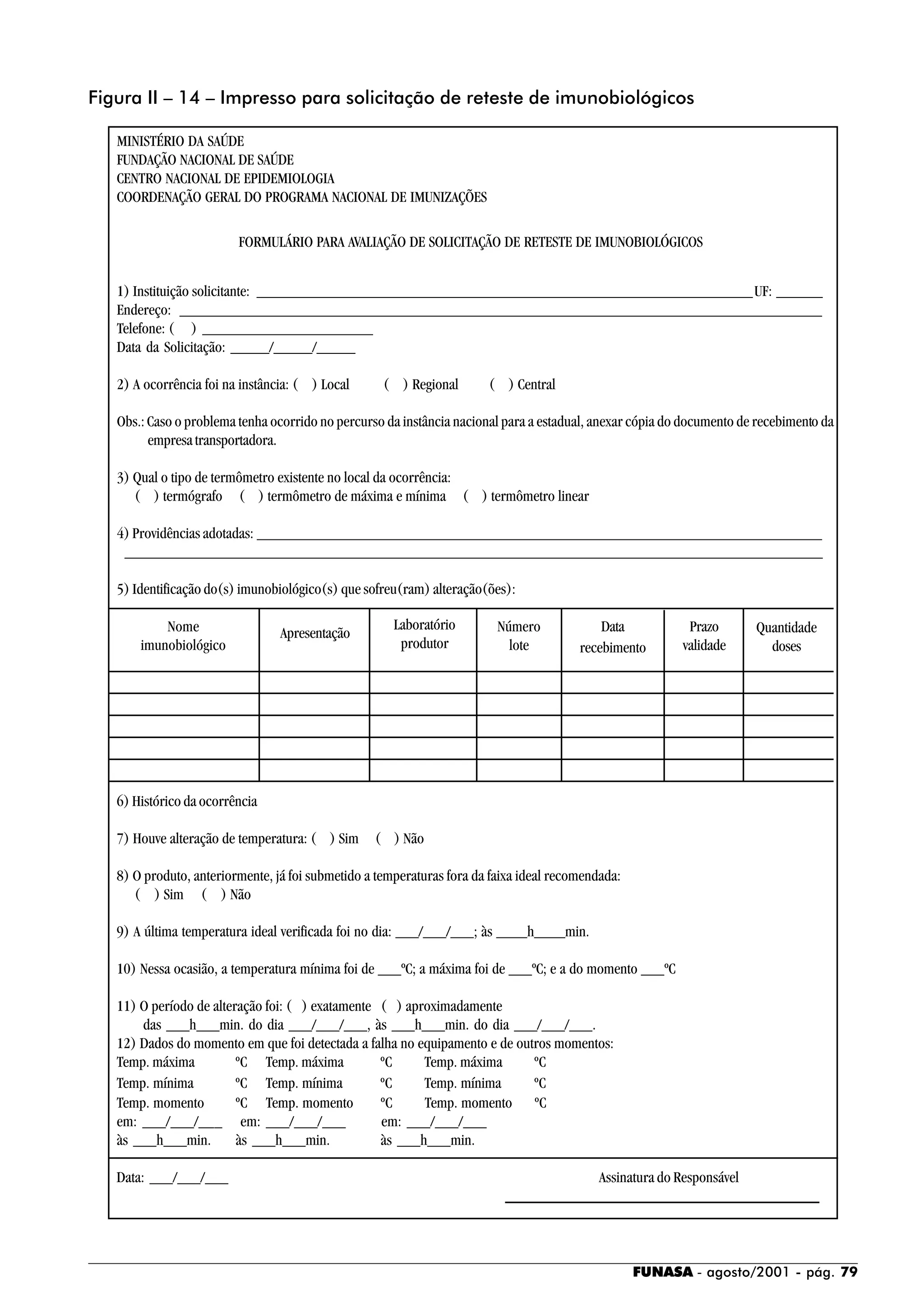 FUNASA - agosto/2001 - pág. 79
Figura II – 14 – Impresso para solicitação de reteste de imunobiológicos
MINISTÉRIO DA SAÚDE
FUNDAÇÃO NACIONAL DE SAÚDE
CENTRO NACIONAL DE EPIDEMIOLOGIA
COORDENAÇÃO GERAL DO PROGRAMA NACIONAL DE IMUNIZAÇÕES
FORMULÁRIO PARA AVALIAÇÃO DE SOLICITAÇÃO DE RETESTE DE IMUNOBIOLÓGICOS
1) Instituição solicitante: ________________________________________________________________UF: ______
Endereço: ___________________________________________________________________________________
Telefone: ( ) ______________________
Data da Solicitação: _____/_____/_____
2) A ocorrência foi na instância: ( ) Local ( ) Regional ( ) Central
Obs.: Caso o problema tenha ocorrido no percurso da instância nacional para a estadual, anexar cópia do documento de recebimento da
empresa transportadora.
3) Qual o tipo de termômetro existente no local da ocorrência:
( ) termógrafo ( ) termômetro de máxima e mínima ( ) termômetro linear
4) Providências adotadas: _________________________________________________________________________
__________________________________________________________________________________________
5) Identificação do(s) imunobiológico(s) que sofreu(ram) alteração(ões):
6) Histórico da ocorrência
7) Houve alteração de temperatura: ( ) Sim ( ) Não
8) O produto, anteriormente, já foi submetido a temperaturas fora da faixa ideal recomendada:
( ) Sim ( ) Não
9) A última temperatura ideal verificada foi no dia: ___/___/___; às ____h____min.
10) Nessa ocasião, a temperatura mínima foi de ___ºC; a máxima foi de ___ºC; e a do momento ___ºC
11) O período de alteração foi: ( ) exatamente ( ) aproximadamente
das ___h___min. do dia ___/___/___, às ___h___min. do dia ___/___/___.
12) Dados do momento em que foi detectada a falha no equipamento e de outros momentos:
Temp. máxima ºC Temp. máxima ºC Temp. máxima ºC
Temp. mínima ºC Temp. mínima ºC Temp. mínima ºC
Temp. momento ºC Temp. momento ºC Temp. momento ºC
em: ___/___/___ em: ___/___/___ em: ___/___/___
às ___h___min. às ___h___min. às ___h___min.
Data: ___/___/___ Assinatura do Responsável
Nome
imunobiológico
Apresentação
Laboratório
produtor
Número
lote
Data
recebimento
Prazo
validade
Quantidade
doses
 